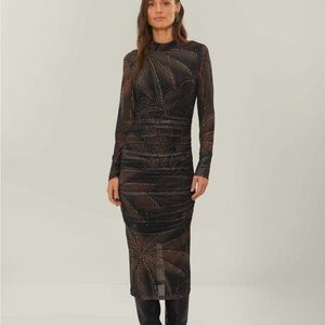 FARM Rio Brown Bodycon Dress with Bishop Sleeves